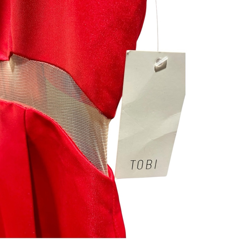 NEW Tobi Red Satin Mesh Waist Square Neck Skater Dress Size M - Picture 4 of 9